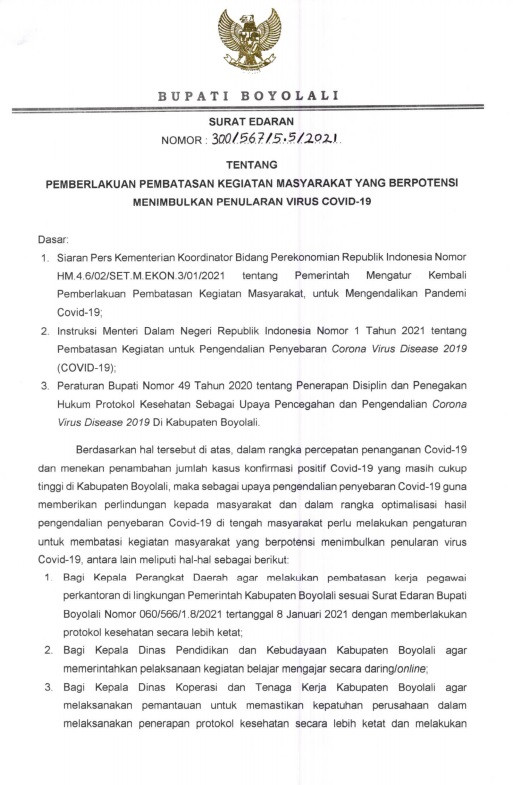 SE Pemberlakuan Pembatasan Kegi8 januari 2021atan Masyarakat